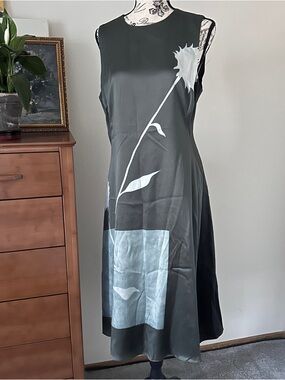 Jigsaw Salena Silk Dress Gray Floral Midi Dress Size US 8 UK 12